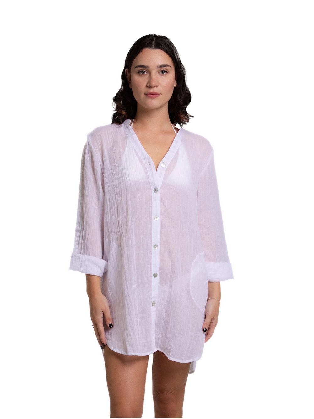 Lightweight White Button-Front Swim Coverup Shirt M